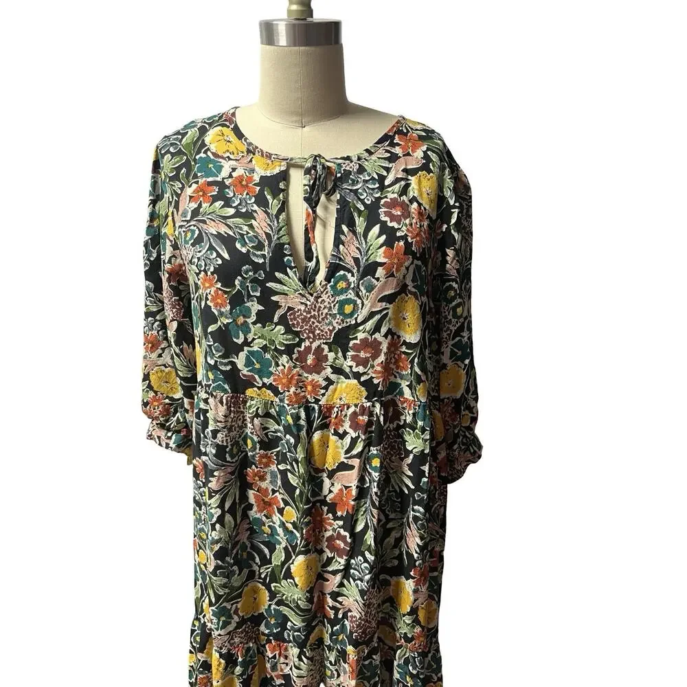 Natural Life Womens Maxi Dress Sz M Boho Black Yellow Floral 3/4 Sleeve Rayon - Picture 2 of 8